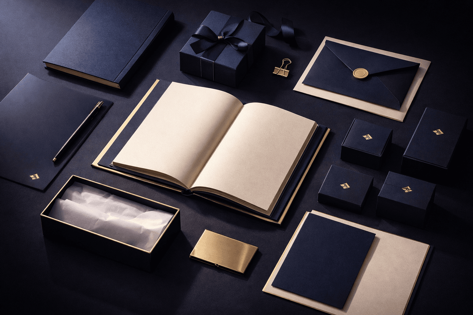 Premium branding collateral and stationery displayed on a dark surface.