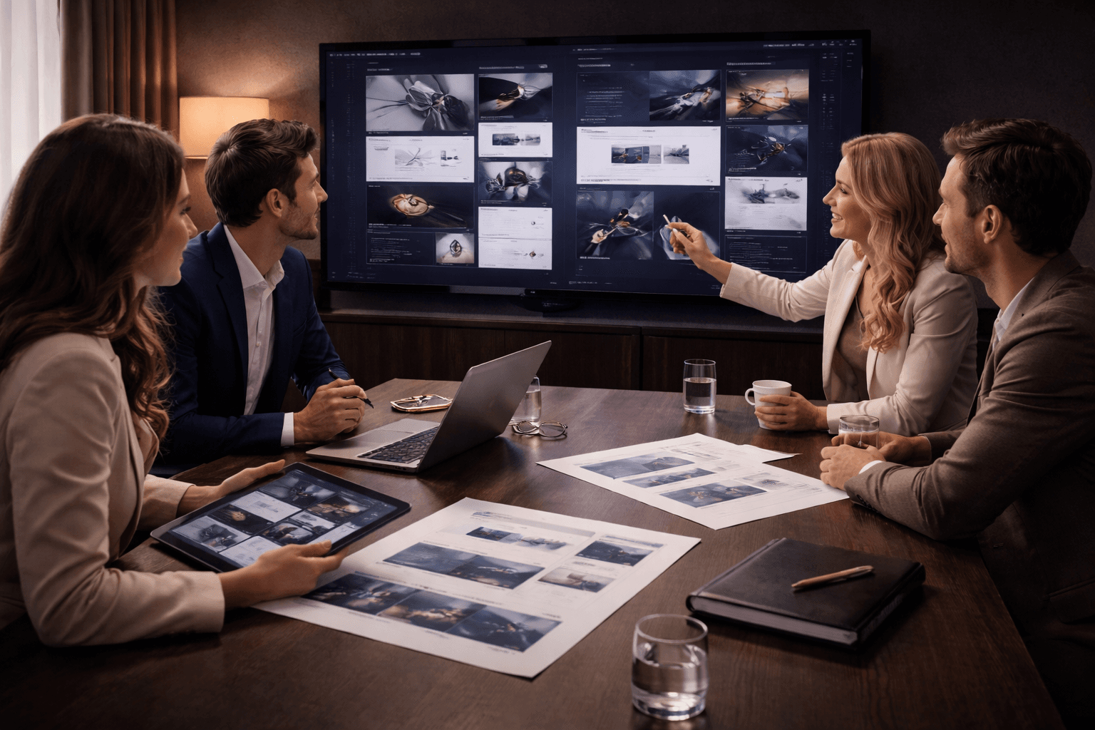 Premium creative team reviewing campaign and digital assets together.